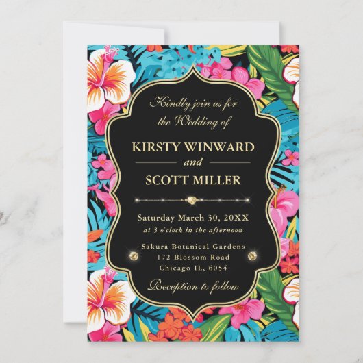 Tropical Hibiscus Gold Wedding 招待状 (正面)