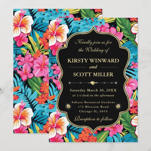 Tropical Hibiscus Gold Wedding 招待状 (正面/裏面)