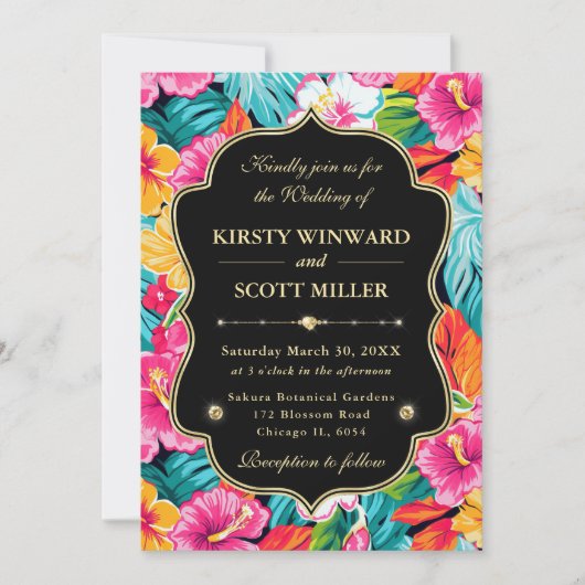 Tropical Hibiscus Gold Wedding 招待状 (正面)