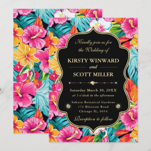 Tropical Hibiscus Gold Wedding 招待状 (正面/裏面)