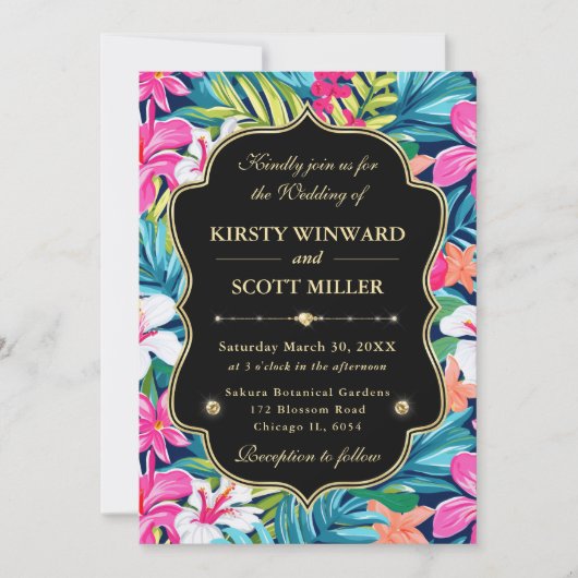Tropical Hibiscus Gold Wedding 招待状 (正面)