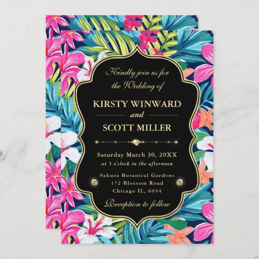 Tropical Hibiscus Gold Wedding 招待状 (正面/裏面)