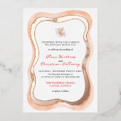 Tropical Hibiscus Wavy Border Vibrant Wedding 箔招待状 (正面)