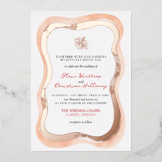 Tropical Hibiscus Wavy Border Vibrant Wedding 箔招待状 (正面)