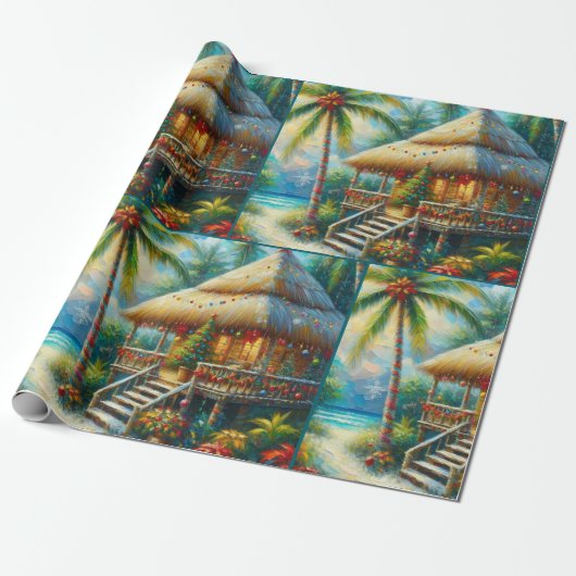 Tropical Hut Christmas Palm Tree Beach Decoupage ラッピングペーパー (アンロールド)