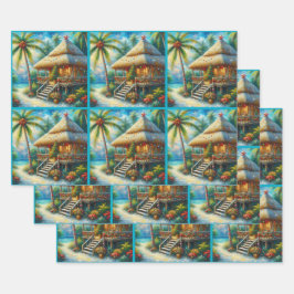 Tropical Hut Christmas Palm Tree Decoupage ラッピングペーパーシート