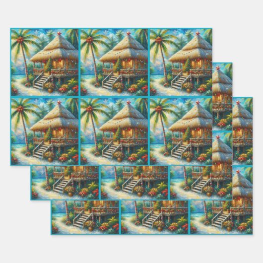 Tropical Hut Christmas Palm Tree Decoupage ラッピングペーパーシート (セット)