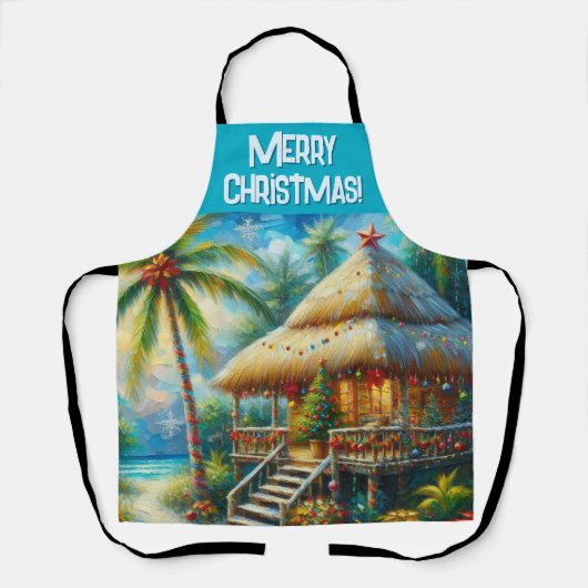 Tropical Hut Christmas Palm Tree Personalized エプロン (正面)