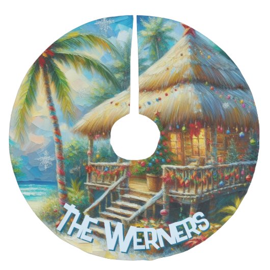 Tropical Hut Christmas Palm Tree Personalized ブラッシュドポリエステルツリースカート (正面)