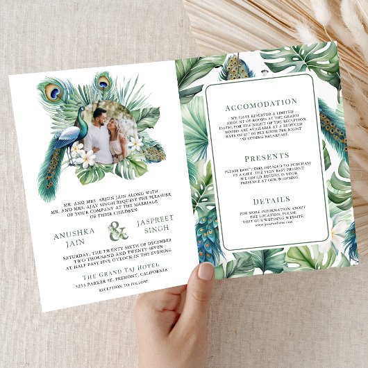 Tropical Indian Peacock Floral All in One Wedding 招待状