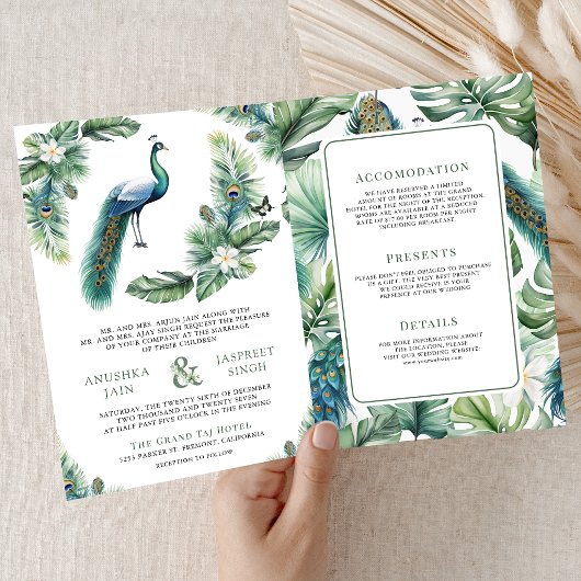 Tropical Indian Peacock Floral All in One Wedding 招待状