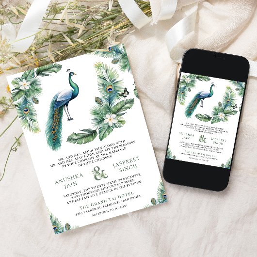 Tropical Indian Peacock Floral All in One Wedding 招待状