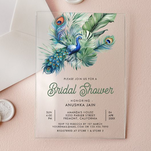 Tropical Indian Peacock Floral Bridal Shower アクリル招待状