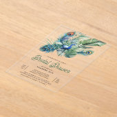 Tropical Indian Peacock Floral Bridal Shower アクリル招待状 (レイダウン)