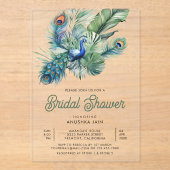 Tropical Indian Peacock Floral Bridal Shower アクリル招待状 (正面)