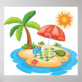 Tropical Island Beach Turtle Palm Tree Picnic ポスター (正面)