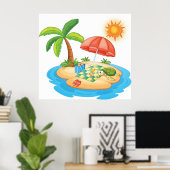 Tropical Island Beach Turtle Palm Tree Picnic ポスター (ホームオフィス)