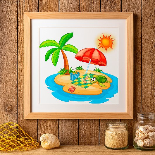 Tropical Island Beach Turtle Palm Tree Picnic ポスター