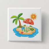 Tropical Island Beach Turtle Palm Tree Picnic 缶バッジ (正面)