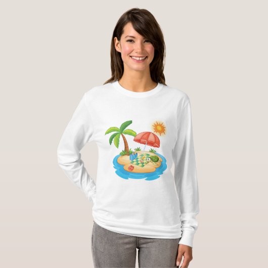 Tropical Island Beach Turtle Palm Tree Picnic Tシャツ (正面フル)