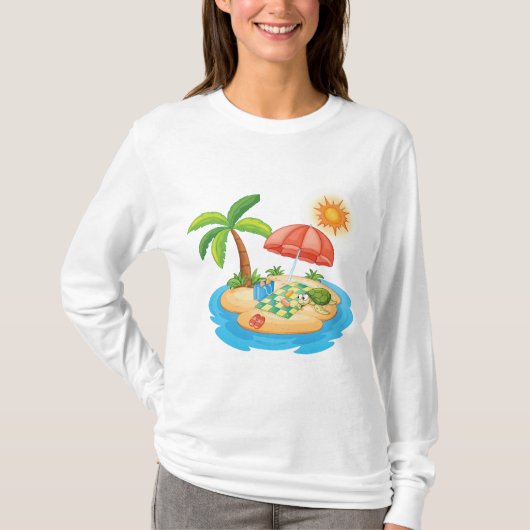 Tropical Island Beach Turtle Palm Tree Picnic Tシャツ (正面)