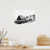 Tropical Island Huts Palm Trees Totem Poles ポスター (キッチン)