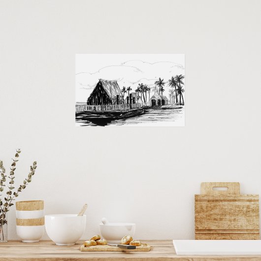 Tropical Island Huts Palm Trees Totem Poles ポスター (キッチン)