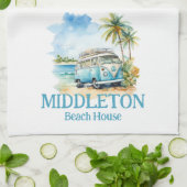 Tropical Island Retro Blue Bus  キッチンタオル (折り畳み)