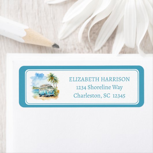 Tropical Island Retro Blue Bus  ラベル (インサイチュ)