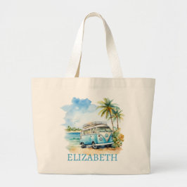Tropical Island Retro Blue Bus  ラージトートバッグ