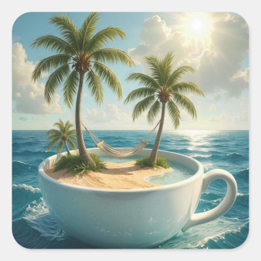 Tropical Island With Hammock in a Teacup スクエアシール (正面)