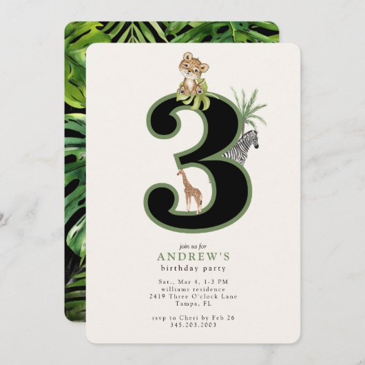 Tropical Jungle 3rd Birthday Animal 招待状 (正面/裏面)