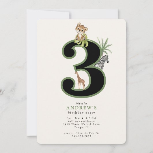 Tropical Jungle 3rd Birthday Animal 招待状 (正面)