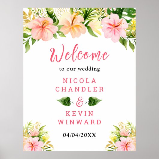 Tropical Jungle Floral Wedding Welcome Sign ポスター (正面)