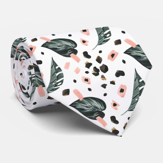 Tropical Jungle Greenery | Pink Leopard Monogram ネクタイ (ロール)