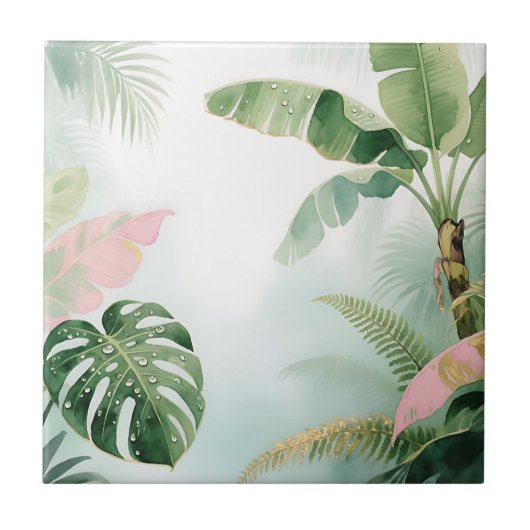 Tropical Jungle Leaves Watercolor タイル (正面)