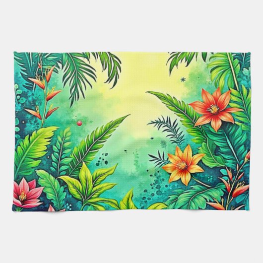 Tropical Jungle Lush Paradise Design キッチンタオル (横)