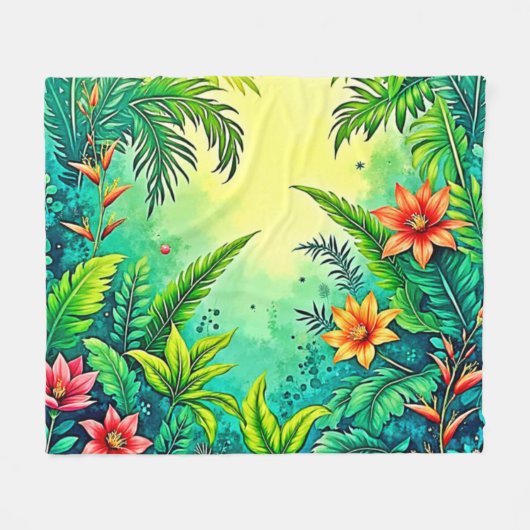 Tropical Jungle Lush Paradise Design フリースブランケット (正面(横))