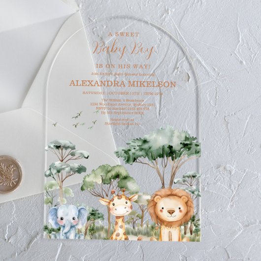 Tropical Jungle Safari Animals Boy Baby Shower アクリル招待状