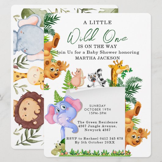 Tropical Jungle Safari Animals Boy Baby Shower 招待状 (正面/裏面)