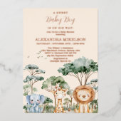 Tropical Jungle Safari Animals Boy Baby Shower 箔招待状 (正面)