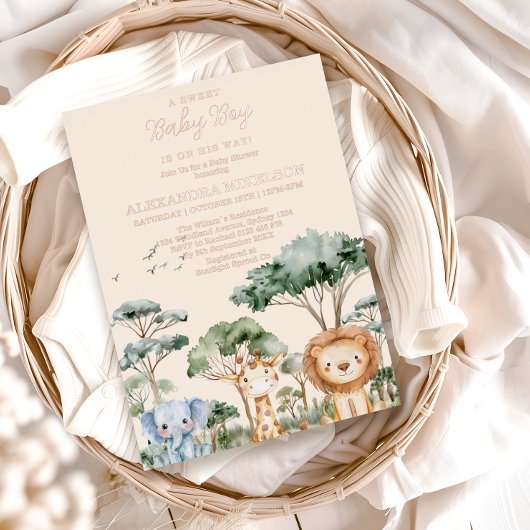 Tropical Jungle Safari Animals Boy Baby Shower 箔招待状
