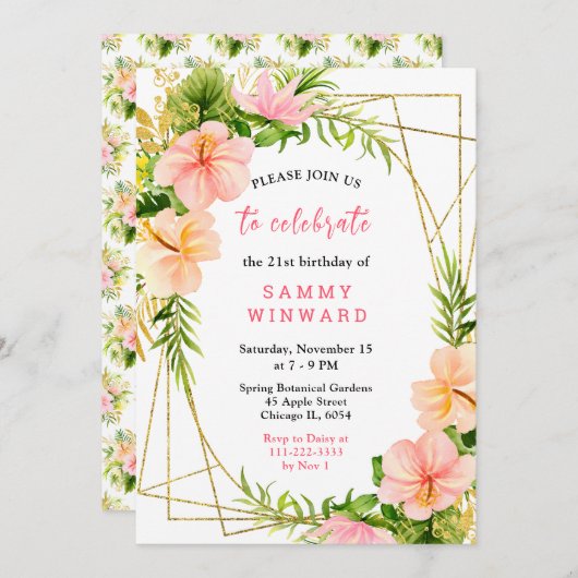 Tropical Jungle with Foliage Birthday 招待状 (正面/裏面)