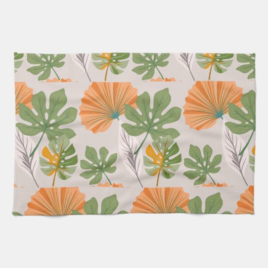 Tropical Leaf Composition in Orange and Green キッチンタオル (横)