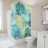 Tropical leaf design featuring green/blue palm and シャワーカーテン (インサイチュ)