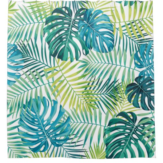 Tropical leaf design featuring green/blue palm and シャワーカーテン (正面)
