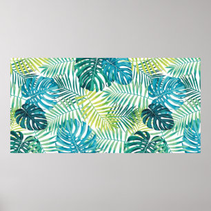 Tropical leaf design featuring green/blue palm and ポスター