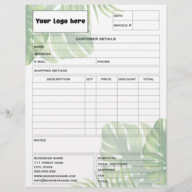 Tropical Leaf Invoice Business Sales Form Receipt レターヘッド (正面)