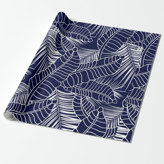 tropical leaf pattern on the navy blue background ラッピングペーパー (アンロールド)