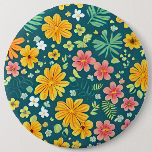 Tropical leaves and flowers pattern  缶バッジ (正面)